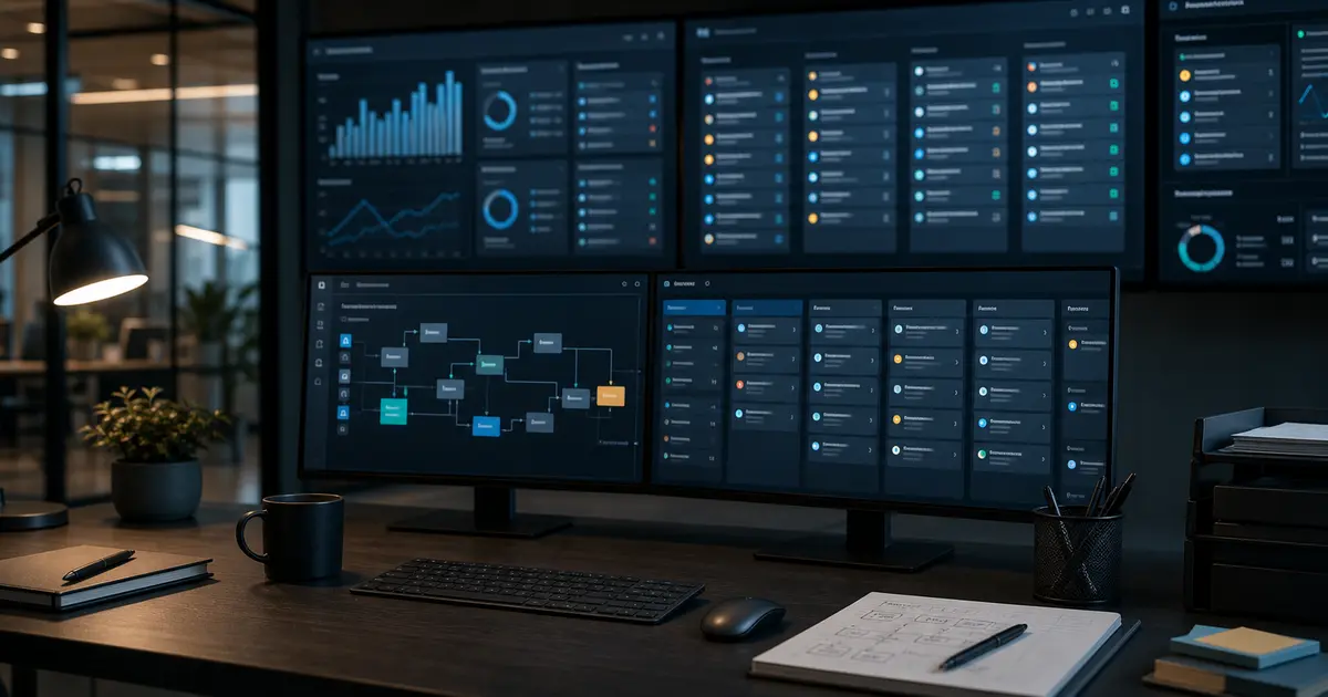 Operations dashboard on multiple monitors in a modern office, representing controlled AI automation in business processes.