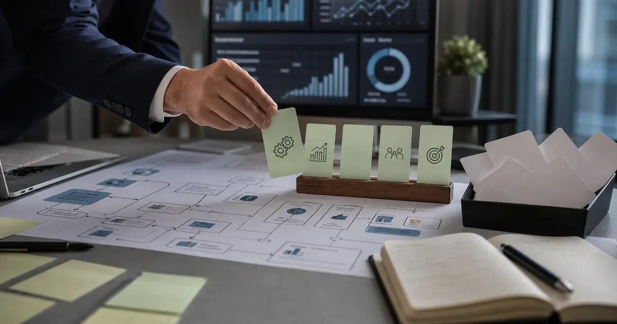 Executive operations desk with process map and outcome dashboard representing valuable AI use case selection.