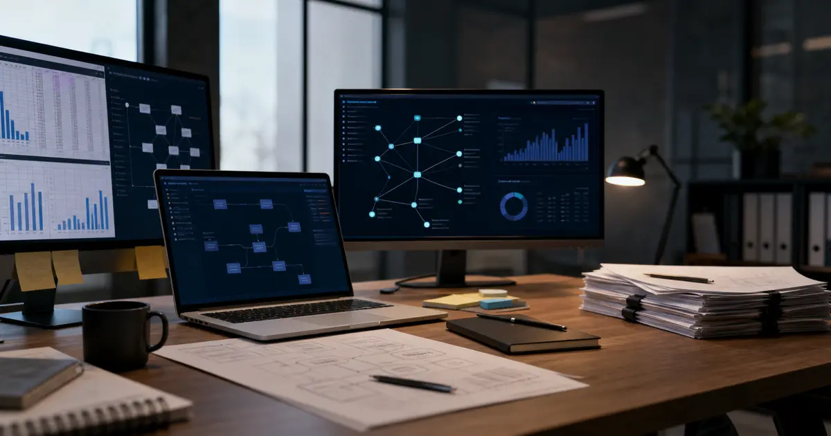 Business desk with dashboards, spreadsheets, workflow diagrams and paper documents representing disconnected business data.