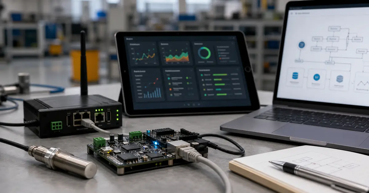 Hardware device, sensor cables and software dashboard representing IoT hardware and software integration.